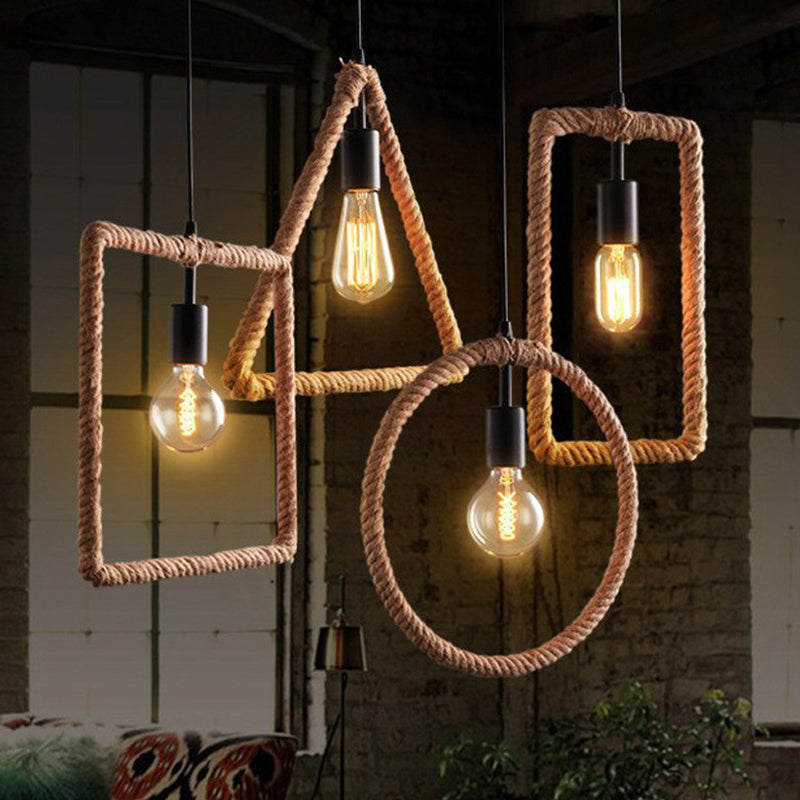 Rustic 1-Light Pendant Lamp With Rope Frame Brown