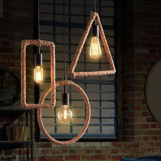 Rustic 1-Light Pendant Lamp With Rope Frame Brown / Round