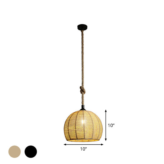 Rustic Hemp Rope Pendant Lamp for Dining Table - 1-Light, Black/Brown, 10"/12" Wide