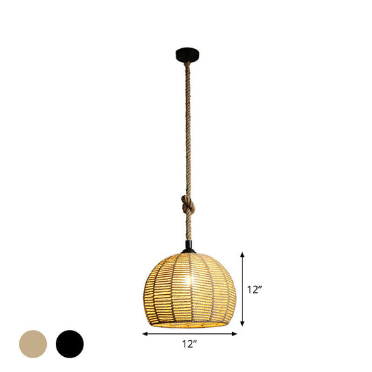 Rustic Hemp Rope Pendant Lamp for Dining Table - 1-Light, Black/Brown, 10"/12" Wide