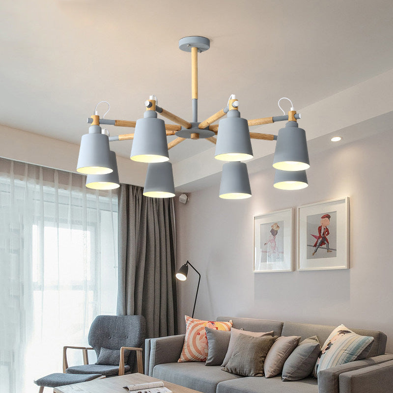 Modern Metal Pendant Lamp With Tapered Shade & 8 Bulbs - Living Room Lighting Fixture