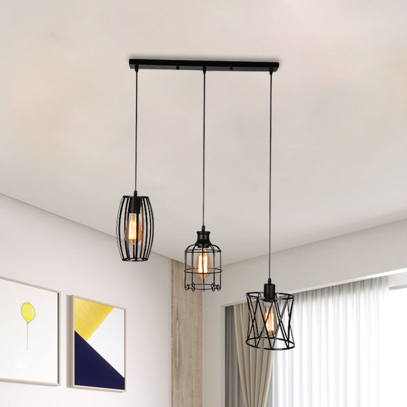 Farmhouse Style Suspended Metal Lamp with 3 Black Bulbs and Wire Guard for Restaurants