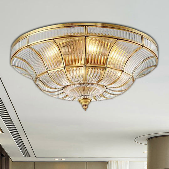 Sleek Dome Flushmount Lighting: Clear Ribbed Glass Ceiling Flush Mount in Brass for Living Room - 15"/21" Wide