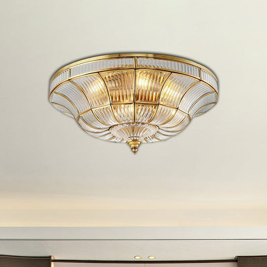 Sleek Dome Flushmount Lighting: Clear Ribbed Glass Ceiling Flush Mount in Brass for Living Room - 15"/21" Wide