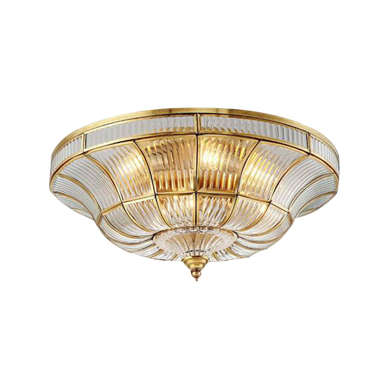 Sleek Dome Flushmount Lighting: Clear Ribbed Glass Ceiling Flush Mount in Brass for Living Room - 15"/21" Wide