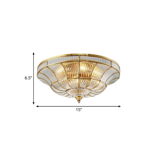 Sleek Dome Flushmount Lighting: Clear Ribbed Glass Ceiling Flush Mount in Brass for Living Room - 15"/21" Wide