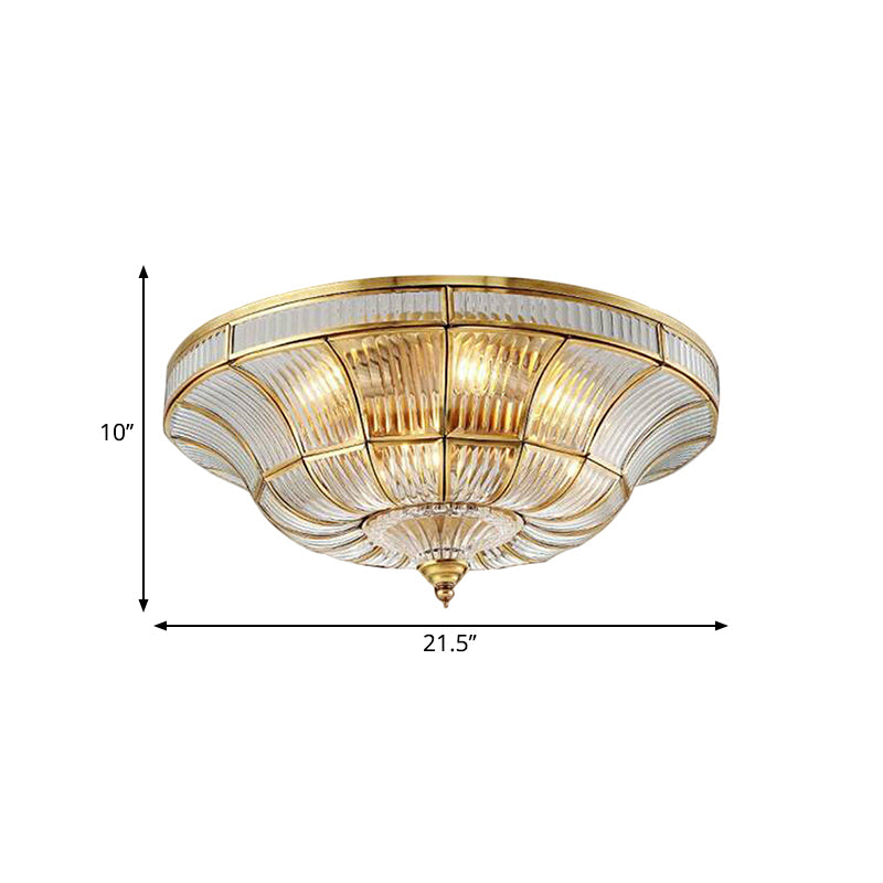 Sleek Dome Flushmount Lighting: Clear Ribbed Glass Ceiling Flush Mount in Brass for Living Room - 15"/21" Wide