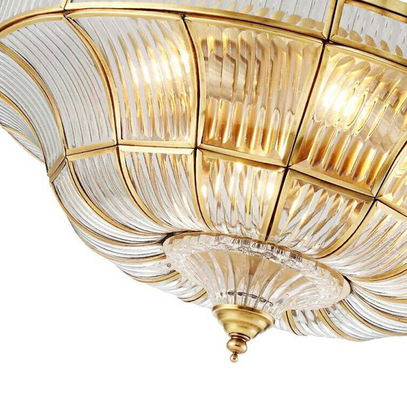 Sleek Dome Flushmount Lighting: Clear Ribbed Glass Ceiling Flush Mount in Brass for Living Room - 15"/21" Wide