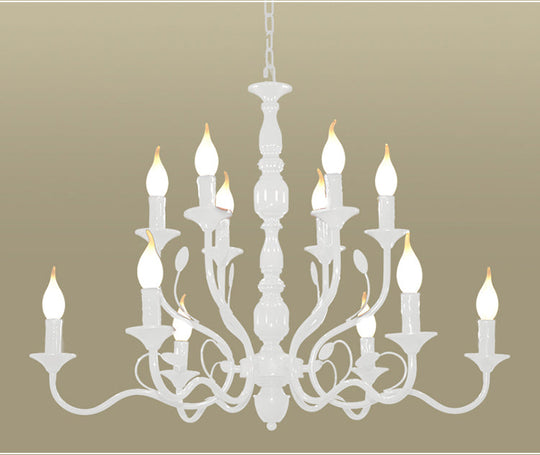 Traditional Metal 2-Tier Candle Chandelier - 10/12/16 Heads White Pendant Lamp For Living Room