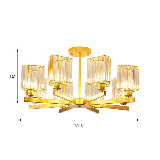 Gold Crystal Semi-Flush Mount With 3/6/8 Lights For Contemporary Living Room Lighting