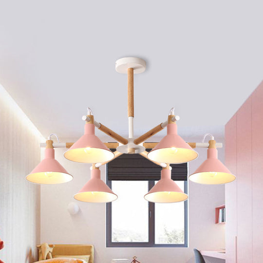 Horn Shape Hanging Pendant Chandelier With Wood And Metal Accents - 6 Bulbs Macaroon-Inspired Ideal