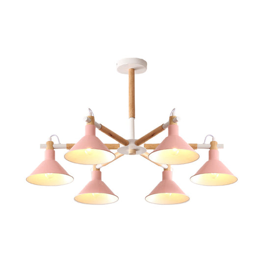 Horn Shape Hanging Pendant Chandelier With Wood And Metal Accents - 6 Bulbs Macaroon-Inspired Ideal