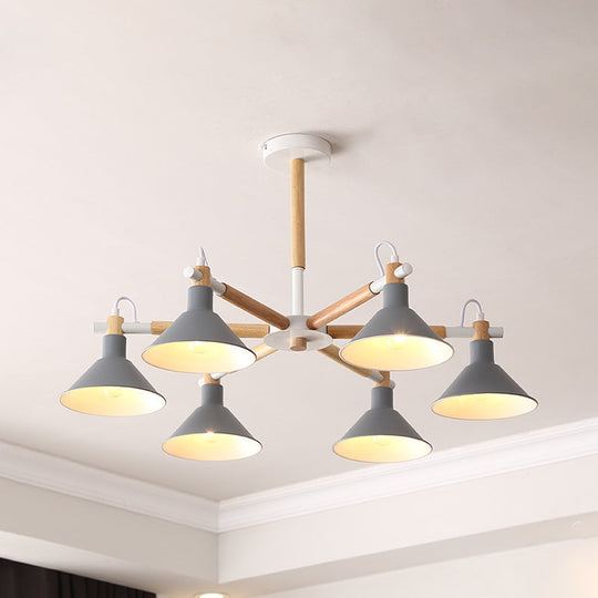 Horn Shape Hanging Pendant Chandelier With Wood And Metal Accents - 6 Bulbs Macaroon-Inspired Ideal