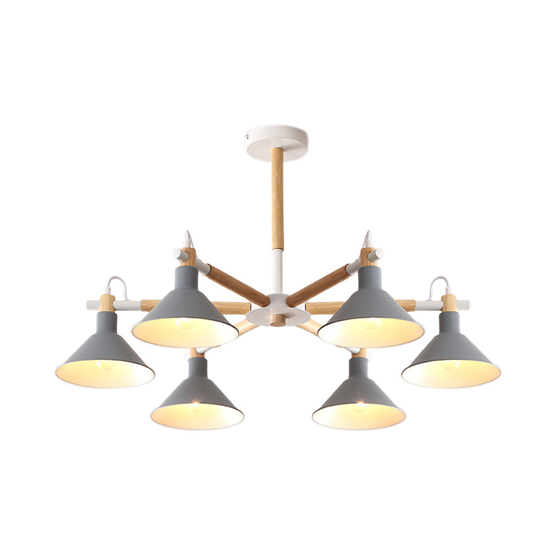 Horn Shape Hanging Pendant Chandelier With Wood And Metal Accents - 6 Bulbs Macaroon-Inspired Ideal