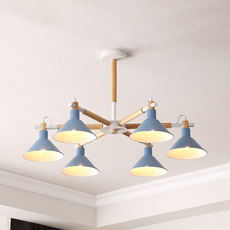 Horn Shape Hanging Pendant Chandelier With Wood And Metal Accents - 6 Bulbs Macaroon-Inspired Ideal