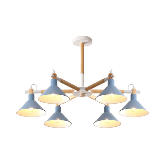 Horn Shape Hanging Pendant Chandelier With Wood And Metal Accents - 6 Bulbs Macaroon-Inspired Ideal