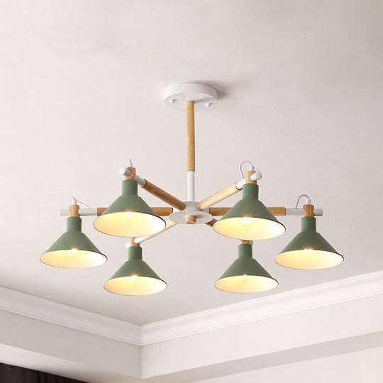 Horn Shape Hanging Pendant Chandelier With Wood And Metal Accents - 6 Bulbs Macaroon-Inspired Ideal