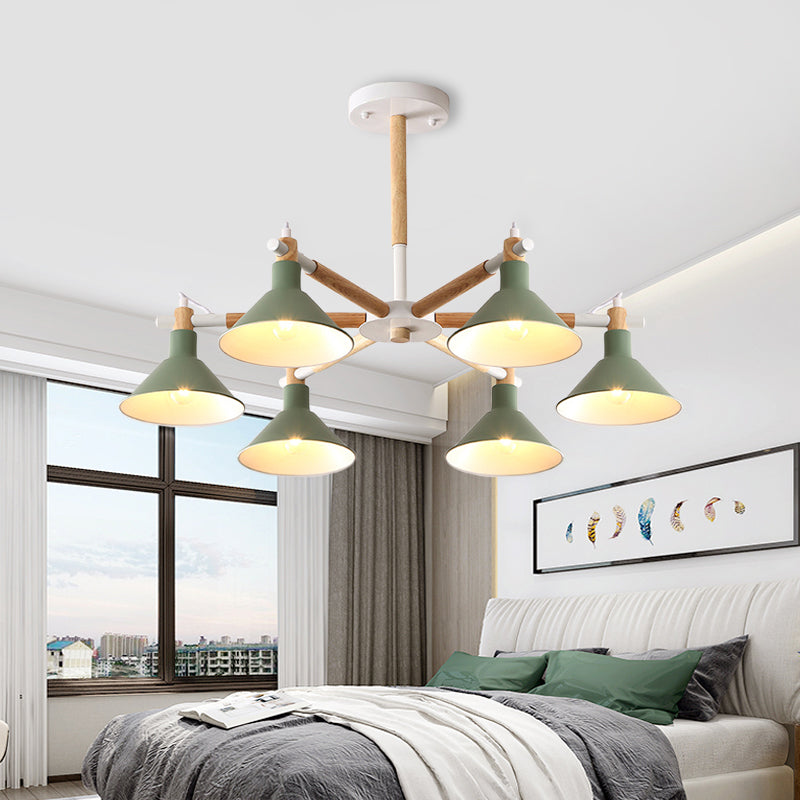 Horn Shape Hanging Pendant Chandelier With Wood And Metal Accents - 6 Bulbs Macaroon-Inspired Ideal