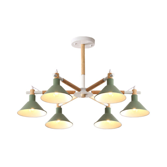 Horn Shape Hanging Pendant Chandelier With Wood And Metal Accents - 6 Bulbs Macaroon-Inspired Ideal