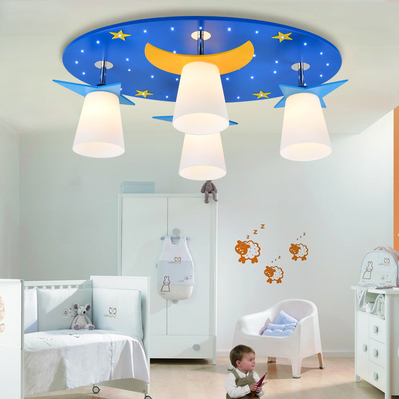 Kids Cartoon Night View Ceiling Mount Light with Blue Wood Shade - 4 Head Ceiling Lamp for Baby Room