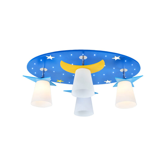 Kids Cartoon Night View Ceiling Mount Light with Blue Wood Shade - 4 Head Ceiling Lamp for Baby Room