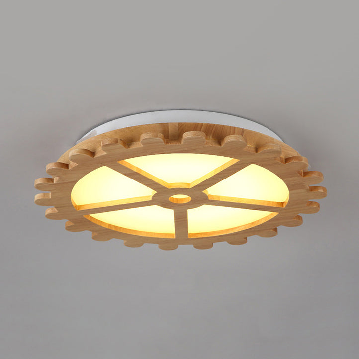 Beige LED Flush Mount Ceiling Lamp for Kids' Bedroom - Lovely Wooden Design