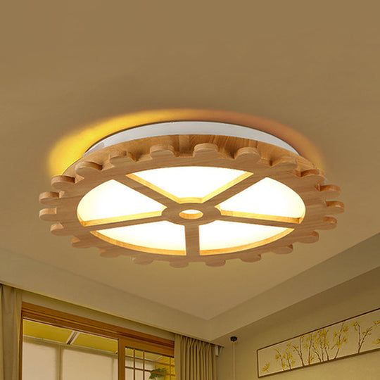 Beige LED Flush Mount Ceiling Lamp for Kids' Bedroom - Lovely Wooden Design