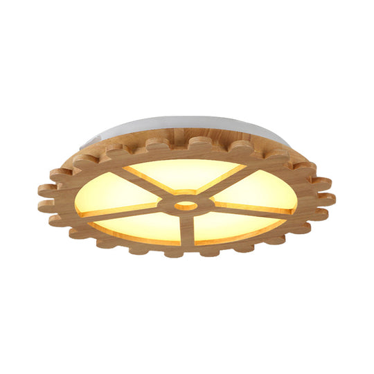 Beige LED Flush Mount Ceiling Lamp for Kids' Bedroom - Lovely Wooden Design