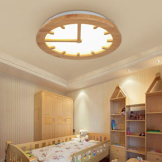 Beige LED Flush Mount Ceiling Lamp for Kids' Bedroom - Lovely Wooden Design