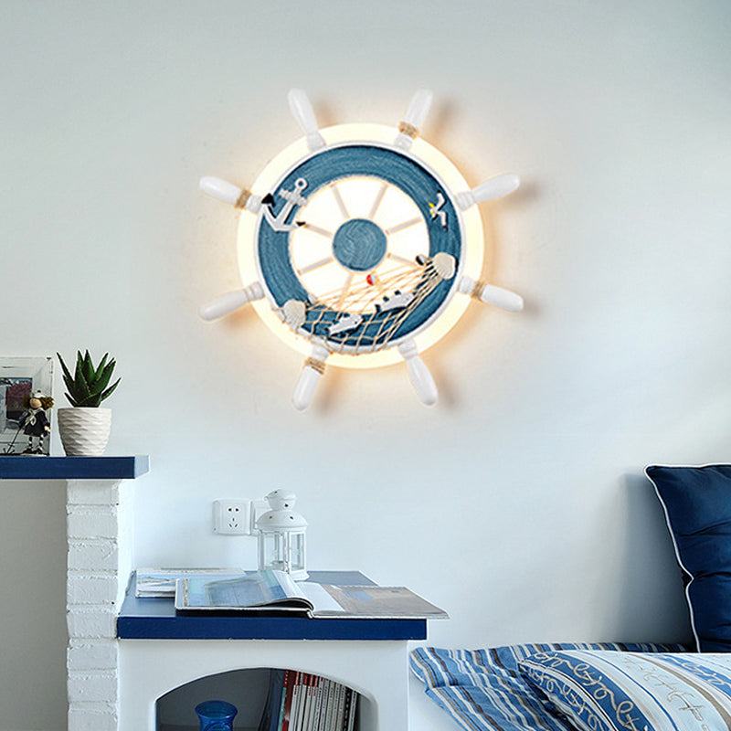 Rustic Nautical Slim Wall Sconce With Rudder Design - Led Light For Baby Bedroom Blue / Warm