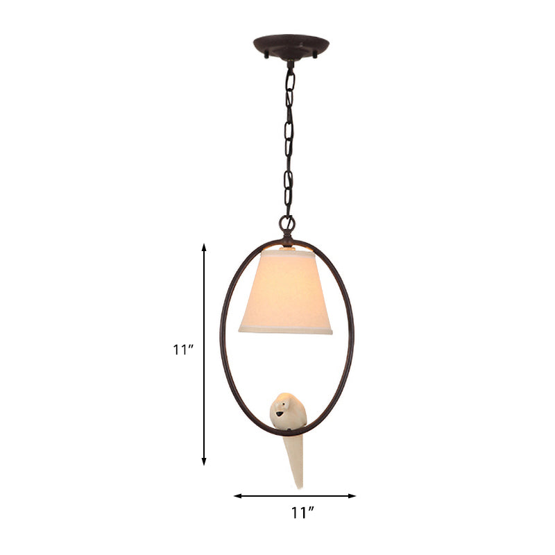 Rustic Metal Oval Hanging Light With Bird & Shade - 1 Head Pendant For Balcony In Beige