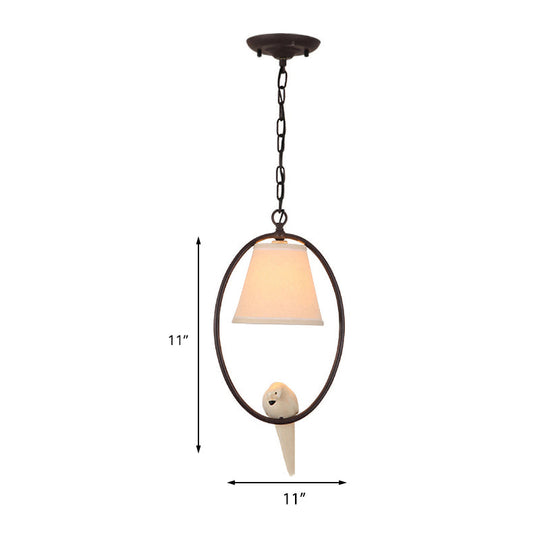 Rustic Metal Oval Hanging Light With Bird & Shade - 1 Head Pendant For Balcony In Beige