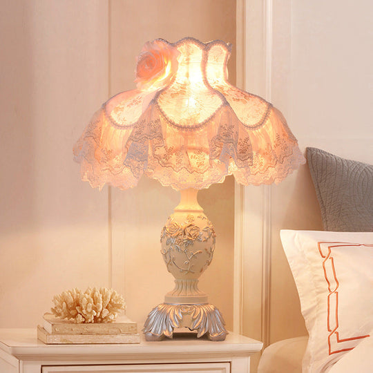 Contemporary Lace Dress Nightstand Lamp With Beige Fabric Shade And Rose Decor - 1-Bulb Night Table