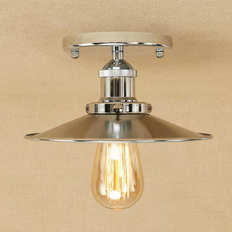 Semi Flush Wide Flared Ceiling Light - Rust/Chrome/Black Iron Finish 1 Warehouse Style Chrome