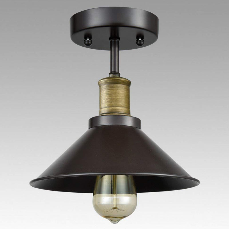 Black Conic Semi Flush Ceiling Light - Factory Iron Bistro Lamp