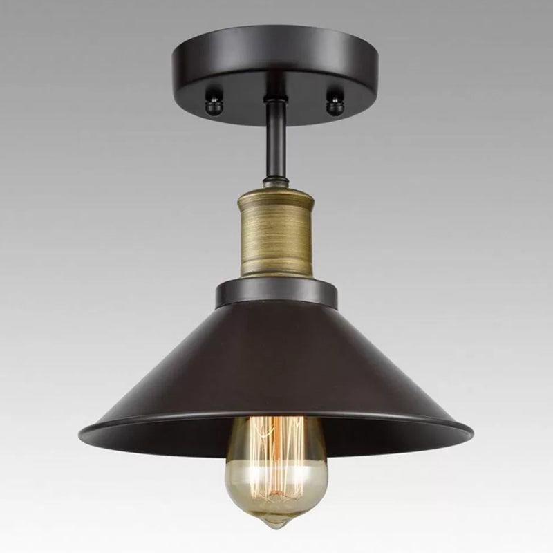 Black Conic Semi Flush Ceiling Light - Factory Iron Bistro Lamp