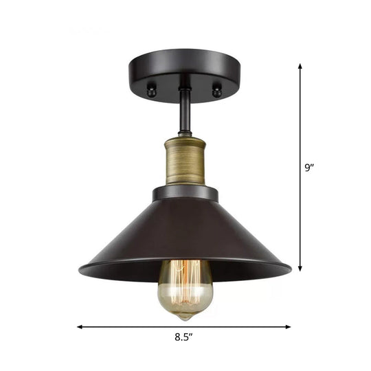 Black Conic Semi Flush Ceiling Light - Factory Iron Bistro Lamp