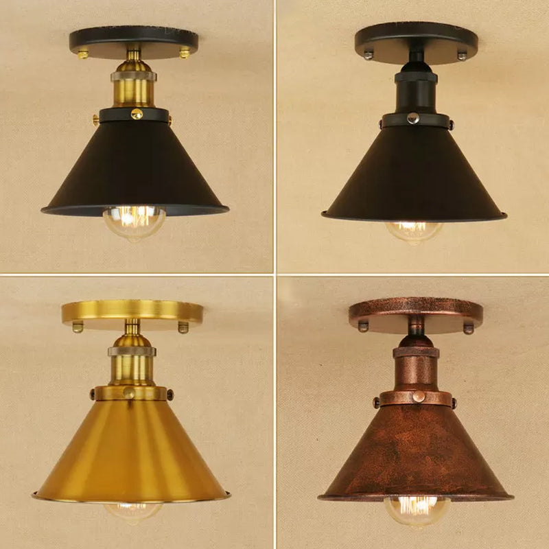 Industrial Iron Cone Shade 1-Light Ceiling Lamp: Rust/Black/Copper Semi Mount Lighting