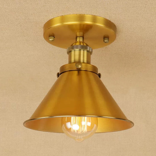 Industrial Iron Cone Shade 1-Light Ceiling Lamp: Rust/Black/Copper Semi Mount Lighting