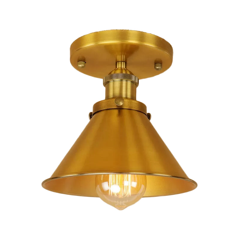 Industrial Iron Cone Shade 1-Light Ceiling Lamp: Rust/Black/Copper Semi Mount Lighting