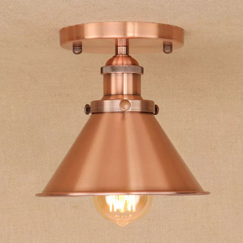 Industrial Iron Cone Shade 1-Light Ceiling Lamp: Rust/Black/Copper Semi Mount Lighting