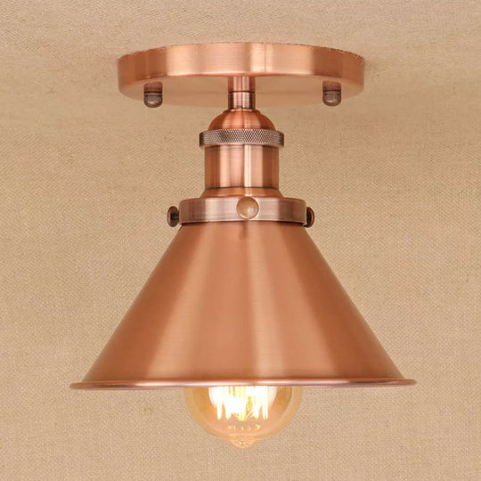 Industrial Iron Cone Shade 1-Light Ceiling Lamp: Rust/Black/Copper Semi Mount Lighting