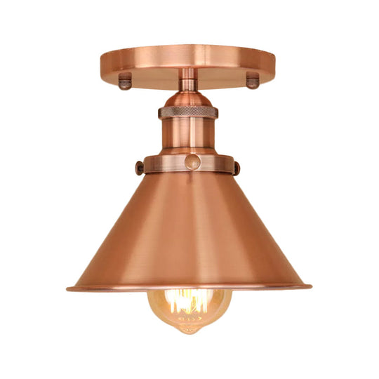 Industrial Iron Cone Shade 1-Light Ceiling Lamp: Rust/Black/Copper Semi Mount Lighting