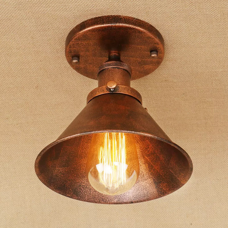 Industrial Iron Cone Shade 1-Light Ceiling Lamp: Rust/Black/Copper Semi Mount Lighting