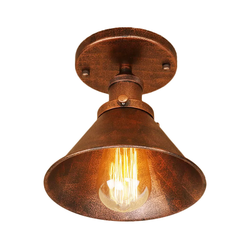 Industrial Iron Cone Shade 1-Light Ceiling Lamp: Rust/Black/Copper Semi Mount Lighting