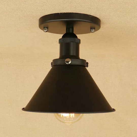 Industrial Iron Cone Shade 1-Light Ceiling Lamp: Rust/Black/Copper Semi Mount Lighting Black