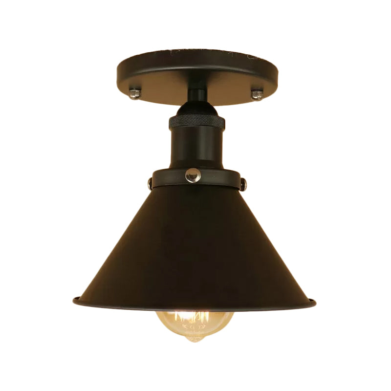 Industrial Iron Cone Shade 1-Light Ceiling Lamp: Rust/Black/Copper Semi Mount Lighting