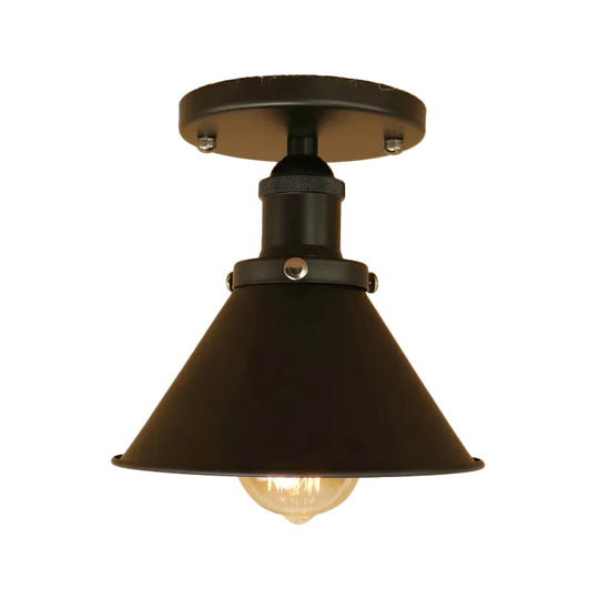 Industrial Iron Cone Shade 1-Light Ceiling Lamp: Rust/Black/Copper Semi Mount Lighting