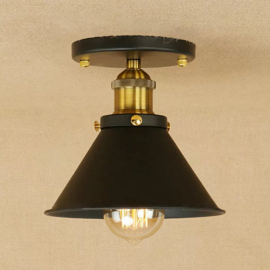 Industrial Iron Cone Shade 1-Light Ceiling Lamp: Rust/Black/Copper Semi Mount Lighting