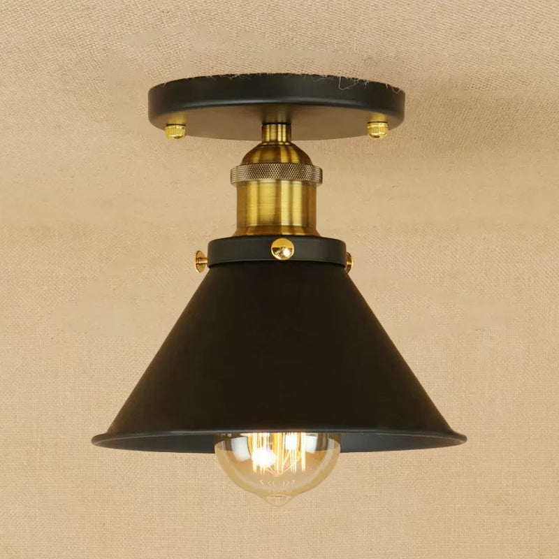 Industrial Iron Cone Shade 1-Light Ceiling Lamp: Rust/Black/Copper Semi Mount Lighting Black-Gold